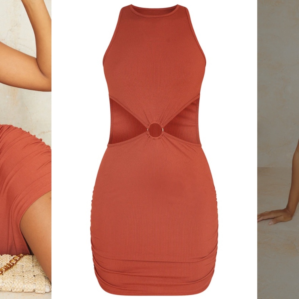 Pretty Little Thing Rust Ribbed Ring Detail Waist Cut Out Sleeveless Bodycon
